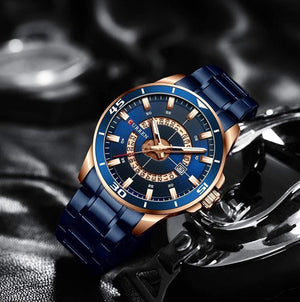 Planet Gates Men's Watch Blue Dial Stainless Steel Water Resistant Man Watches Luxury Business Analog Quartz Mens Watches Fashion
