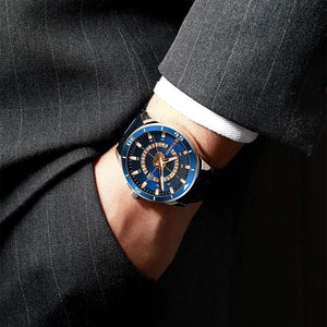 Planet Gates Men's Watch Blue Dial Stainless Steel Water Resistant Man Watches Luxury Business Analog Quartz Mens Watches Fashion