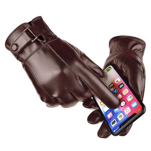 Planet Gates Men's Winter Warm Fashion Waterproof Gloves Men Faux Leather Driving Gloves Thin Leather Gloves for Touch Screen Brown Guantes