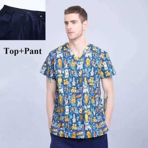 Planet Gates Men Scrub Sets 1 / S Hospital Clothing Man Woman Medical Scrub Top V Neck Printing Color Pet Doctors Operation Top Uniforms Top and Pant 2pcs