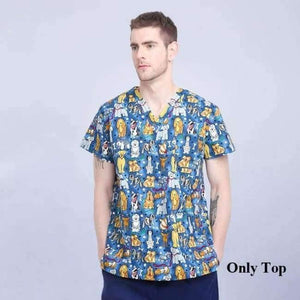 Planet Gates Men Scrub Top 1 / S Hospital Clothing Man Woman Medical Scrub Top V Neck Printing Color Pet Doctors Operation Top Uniforms Top and Pant 2pcs