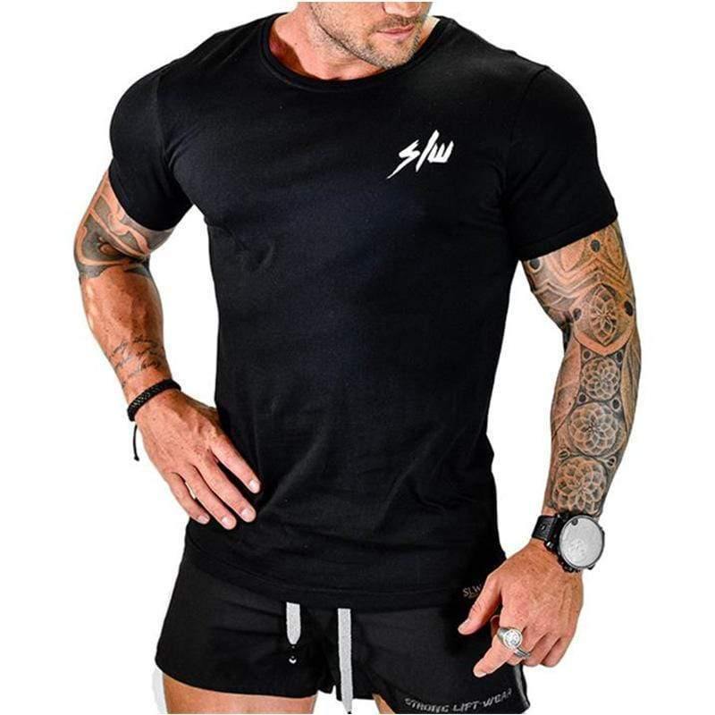 Men Short Sleeve O-Neck T-shirt Gyms Fitness Workout Cotton T Shirt Male Casual Fashion Slim Fit Black Tees Tops Brand Clothing