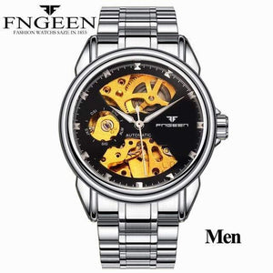 Planet Gates Men Silver Black Skeleton Wristwatch for Women Horloge 30M Waterproof Steel Automatic Watch for Men Clock Lover's Watches