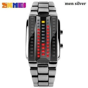 Planet Gates men silver Relogio masculino fashion skmei watch Lovers LED Men Women Stainless Steel Red Binary Luminous Electronic Display Sport watches