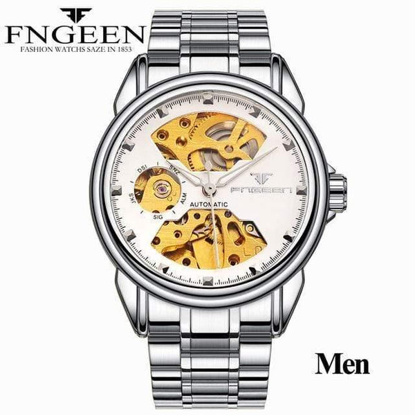 Planet Gates Men Silver White Skeleton Wristwatch for Women Horloge 30M Waterproof Steel Automatic Watch for Men Clock Lover's Watches