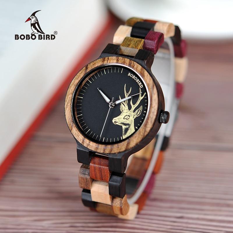 Planet Gates Men Size 44mm / China Lovers' Casual Quartz Watches Elk Design Natural Wooden Watch for Men Women with Mixed Colorful Wood Band in Gift Box