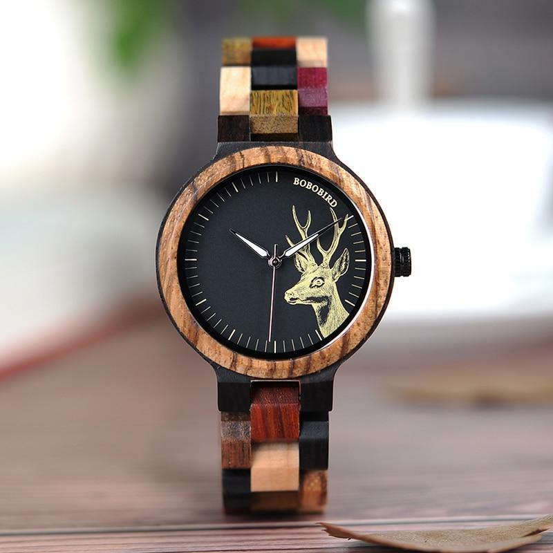 Planet Gates Men Size 44mm / China Lovers' Casual Quartz Watches Elk Design Natural Wooden Watch for Men Women with Mixed Colorful Wood Band in Gift Box