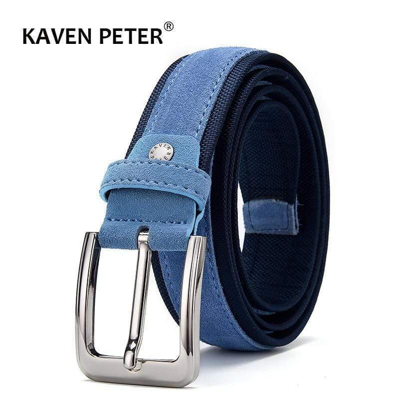 Men Suede Leather Belt With Oxford Fabric Strap Genuine Leather Luxury Pin Buckle Blue Belts For Men 3.5 cm and 4.0 cm Width