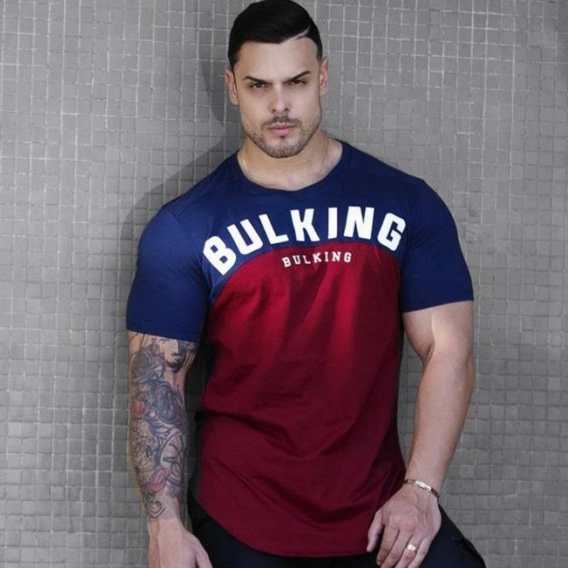 Men Summer Gyms Fitness Workout Bodybuilding T-shirt Short Sleeve Cotton T Shirt Male Casual Fashion Patchwork Tee Tops Clothing