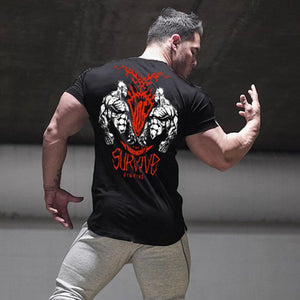 Men Summer Short Sleeve Cotton T-shirt Casual Print Black Tee Shirt Tops Male Gyms Fitness Bodybuilding Crossfit Brand Clothing