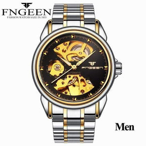 Planet Gates Men Two-tone Black Skeleton Wristwatch for Women Horloge 30M Waterproof Steel Automatic Watch for Men Clock Lover's Watches