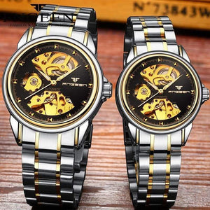 Planet Gates Men Two-tone Gold Skeleton Wristwatch for Women Horloge 30M Waterproof Steel Automatic Watch for Men Clock Lover's Watches