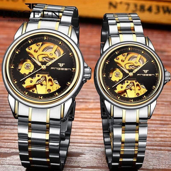 Planet Gates Men Two-tone Gold Skeleton Wristwatch for Women Horloge 30M Waterproof Steel Automatic Watch for Men Clock Lover's Watches