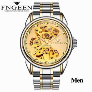 Planet Gates Men Two-tone Gold Skeleton Wristwatch for Women Horloge 30M Waterproof Steel Automatic Watch for Men Clock Lover's Watches