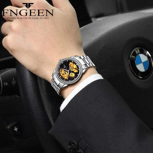 Planet Gates Men Two-tone Gold Skeleton Wristwatch for Women Horloge 30M Waterproof Steel Automatic Watch for Men Clock Lover's Watches