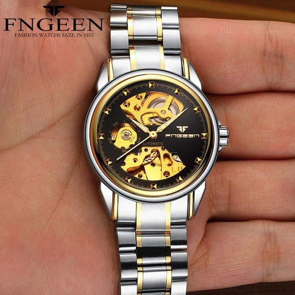 Planet Gates Men Two-tone Gold Skeleton Wristwatch for Women Horloge 30M Waterproof Steel Automatic Watch for Men Clock Lover's Watches