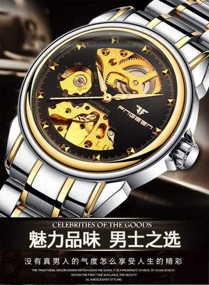Planet Gates Men Two-tone Gold Skeleton Wristwatch for Women Horloge 30M Waterproof Steel Automatic Watch for Men Clock Lover's Watches