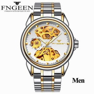 Planet Gates Men Two-tone White Skeleton Wristwatch for Women Horloge 30M Waterproof Steel Automatic Watch for Men Clock Lover's Watches
