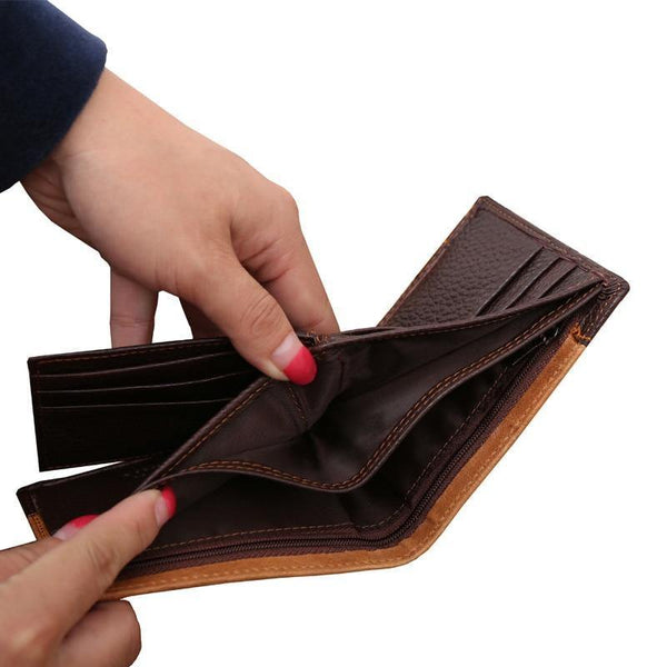 Planet Gates Men Wallets Genuine Leather Brand Wallet Short Patchwork Leather Purse with Zipper Coin Pocket