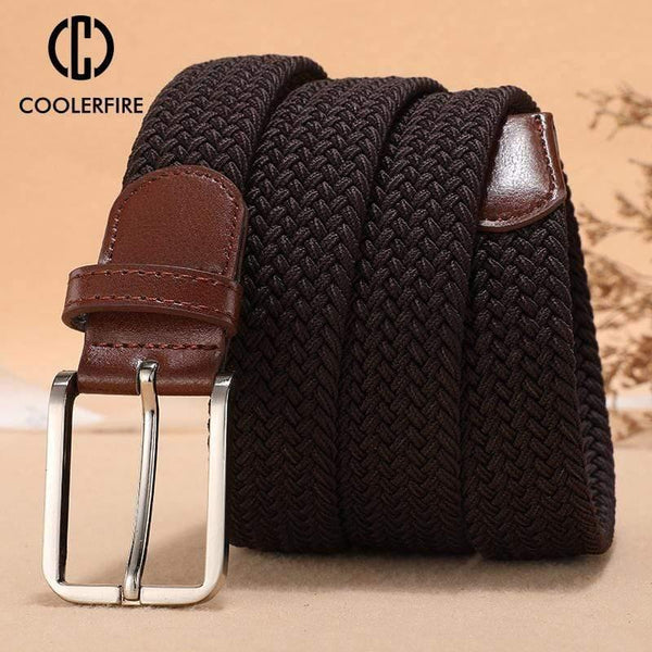 Men Women's Casual Knitted Belt Woven Canvas Elastic Stretch Belt  Plain Webbing Belt Metal Buckle Black MQ003