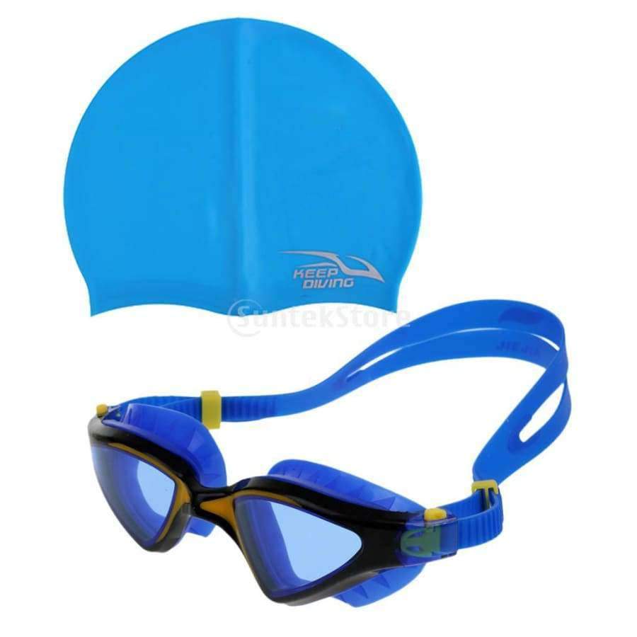 Planet Gates Men Women UV Protection Anti-fog Silicone Swimming Goggles & Waterproof Durable Flexible Elastic Swim Cap - Blue