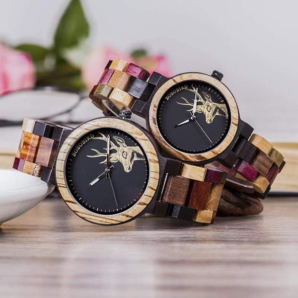 Planet Gates Mens 44mm Quartz Watch Men reloj mujer Elk Engraving Wooden Women Watches in Wood Box relogio masculino Great Gift for Lover