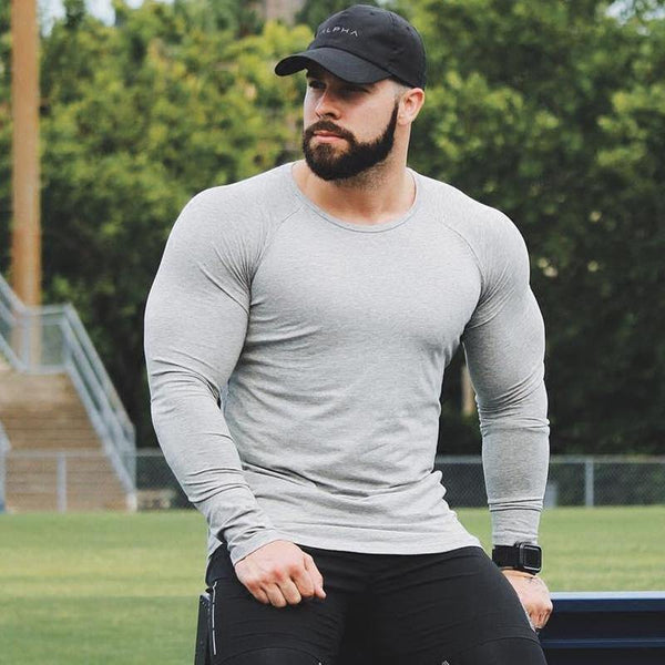Mens Casual Fashion Long Sleeve Cotton T-shirt Gyms Fitness Bodybuilding Skinny Elasticity T Shirt Man Tee Tops Brand Clothing