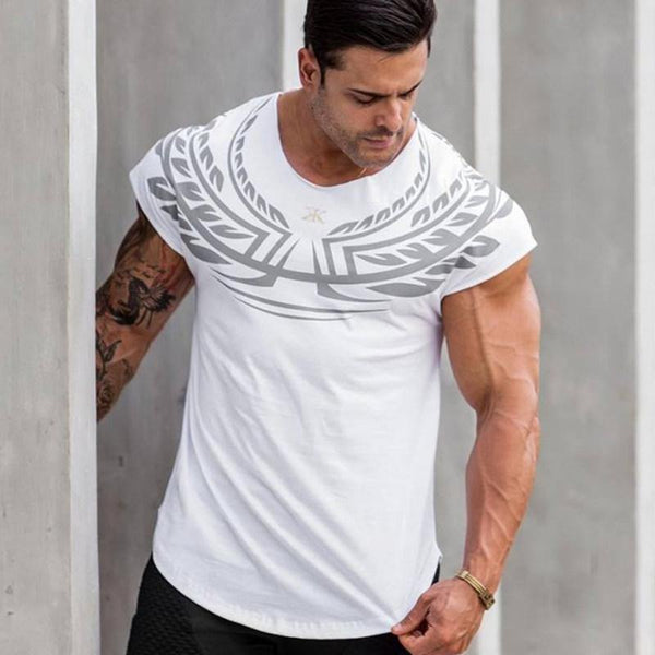 Mens Casual Fashion Printed Slim T-shirt Gyms Fitness Bodybuilding Short Sleeve Cotton T Shirt Tees Tops Male Workout Clothing