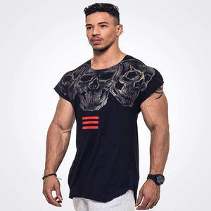 Mens Casual Fashion Skull Printed T-shirt Gyms Fitness Bodybuilding Short Sleeve Cotton T Shirt Tees Tops Male Workout Clothing