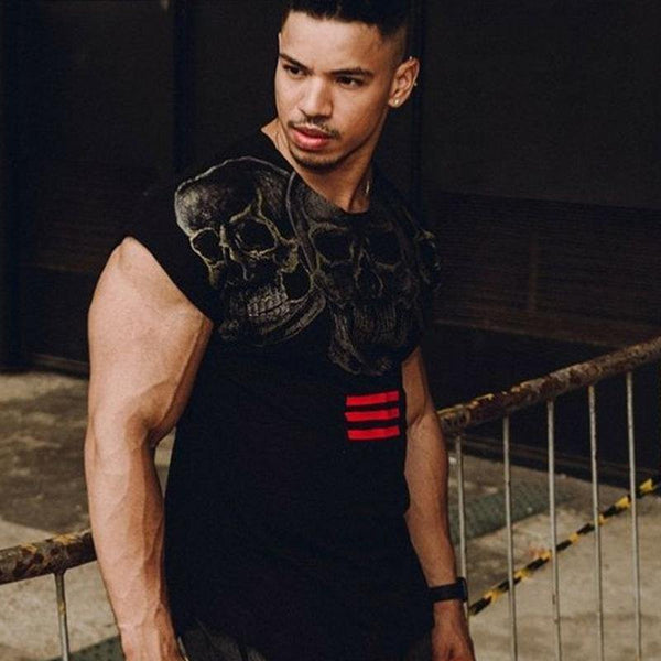 Mens Casual Fashion Skull Printed T-shirt Gyms Fitness Bodybuilding Short Sleeve Cotton T Shirt Tees Tops Male Workout Clothing