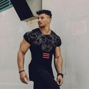 Mens Casual Fashion Skull Printed T-shirt Gyms Fitness Bodybuilding Short Sleeve Cotton T Shirt Tees Tops Male Workout Clothing