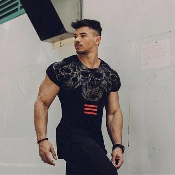 Mens Casual Fashion Skull Printed T-shirt Gyms Fitness Bodybuilding Short Sleeve Cotton T Shirt Tees Tops Male Workout Clothing