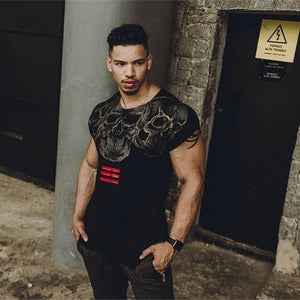Mens Casual Fashion Skull Printed T-shirt Gyms Fitness Bodybuilding Short Sleeve Cotton T Shirt Tees Tops Male Workout Clothing