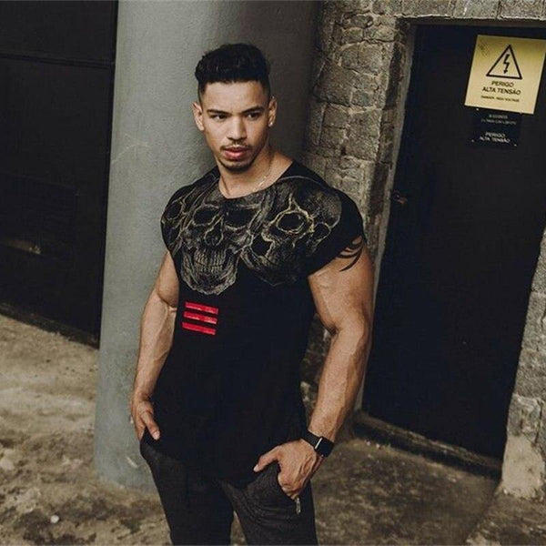 Mens Casual Fashion Skull Printed T-shirt Gyms Fitness Bodybuilding Short Sleeve Cotton T Shirt Tees Tops Male Workout Clothing