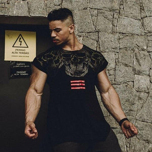 Mens Casual Fashion Skull Printed T-shirt Gyms Fitness Bodybuilding Short Sleeve Cotton T Shirt Tees Tops Male Workout Clothing