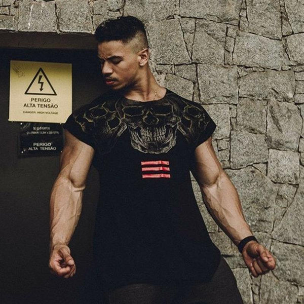 Mens Casual Fashion Skull Printed T-shirt Gyms Fitness Bodybuilding Short Sleeve Cotton T Shirt Tees Tops Male Workout Clothing