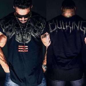 Mens Casual Fashion Skull Printed T-shirt Gyms Fitness Bodybuilding Short Sleeve Cotton T Shirt Tees Tops Male Workout Clothing