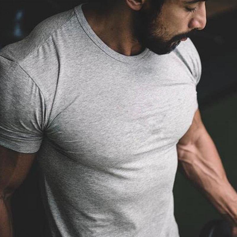 Mens Short Sleeve Solid Cotton T-shirt Gyms Fitness Bodybuilding Workout T Shirts Summer Casual Slim Tee Tops Crossfit Clothing