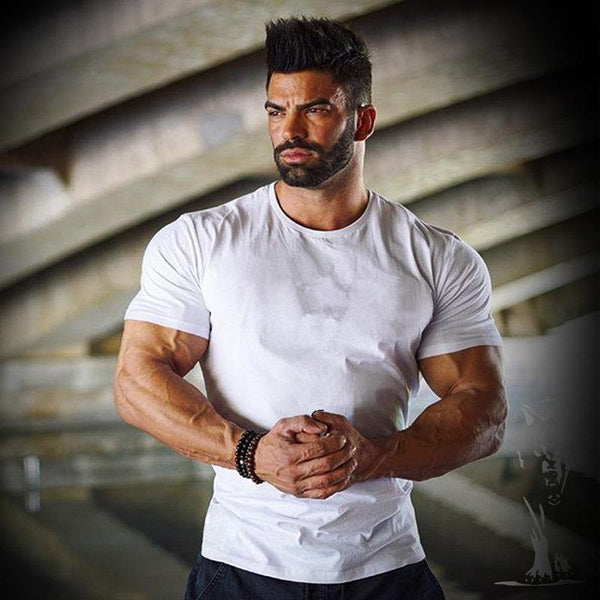 Mens Short Sleeve Solid Cotton T-shirt Gyms Fitness Workout T Shirts Male Summer Casual Fashion Slim Tee Tops Crossfit Clothing