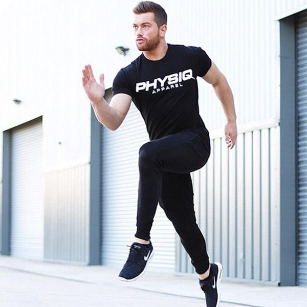 Mens Short Sleeve T-shirt Gyms Fitness Workout Cotton T Shirt Summer Male Casual Fashion Slim Black Tees Tops Brand Clothing