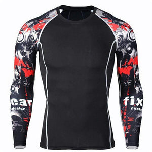 Mens Skinny Long Sleeve T-shirt Compression Elasticity Polyester Print T Shirt Male Gyms Fitness Bodybuilding Jogger Tees Tops