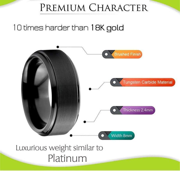 Planet Gates Mens Tungsten Carbide Ring 8mm Brushed Matte Finish Top Black Plated Wedding Bands Beveled Edges Size 5-15