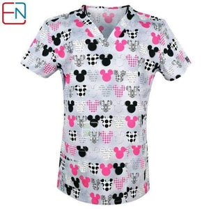 Planet Gates Mickeys in grey / XXS Women Scrub Top With V-Neck 100% Cotton Print Surgical Medical Uniforms Hospital Nurse Scrub Tops For Women