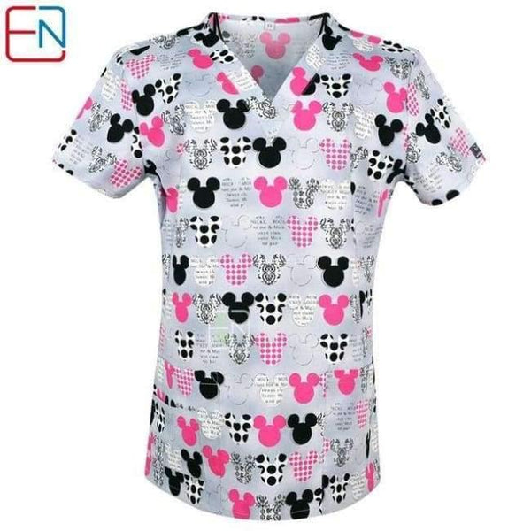 Planet Gates Mickeys in grey / XXS Women Scrub Top With V-Neck 100% Cotton Print Surgical Medical Uniforms Hospital Nurse Scrub Tops For Women