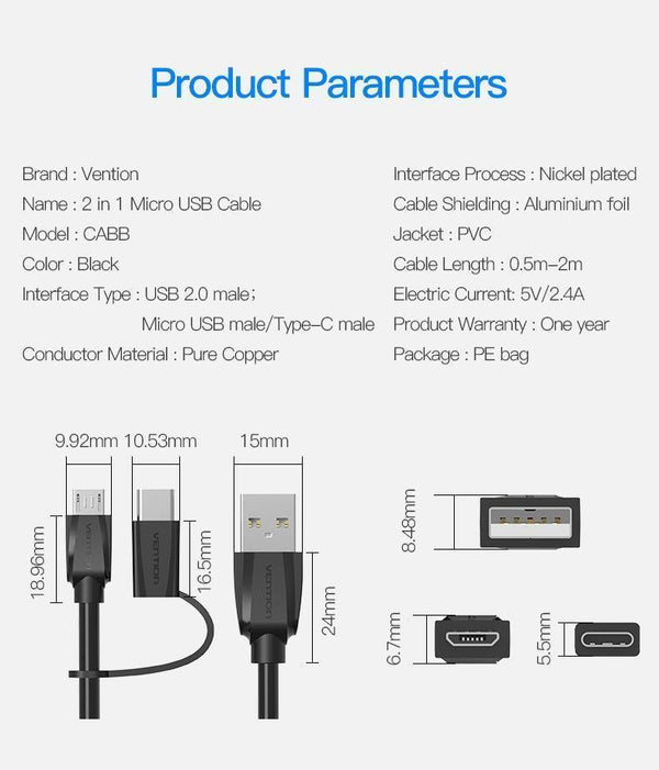 Planet Gates micro usb / 0.5m Vention Micro USB 2 in 1 Type C Cable USB C Super Speed Charger USB Cable for Macbook Nokia Nexus 5X 6P Meizu Pro5 Xiaomi Phone