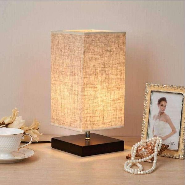 Planet Gates Minimalist Table Lamp Bedside Desk Lamp Nightstand Lamps with Solid Wood and Fabric Shade for Bedroom Living Room Table Decor