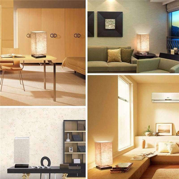 Planet Gates Minimalist Table Lamp Bedside Desk Lamp Nightstand Lamps with Solid Wood and Fabric Shade for Bedroom Living Room Table Decor