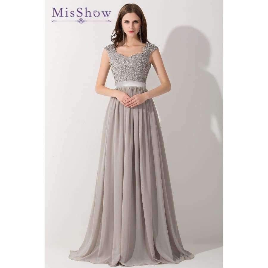 Planet Gates mint green / 16W New Long Evening Dresses Gray Chiffon A Line Beaded Lace Bodice Elegant See Through Back Vestido De Fiesta