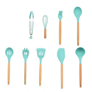 Planet Gates Mint Green 9pcs-A 9/10/12pcs Cooking Tools Set Premium Silicone Kitchen Cooking Utensils Set With Storage Box Turner Tongs Spatula Soup Spoon