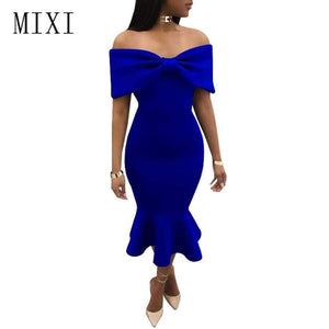 Planet Gates MIXI Vestidos 2018 Elegant Party Dress Women Blue Red Black Bow Cape Off Shoulder Mermaid Dress Vintage Ruffles Bodycon Dresses